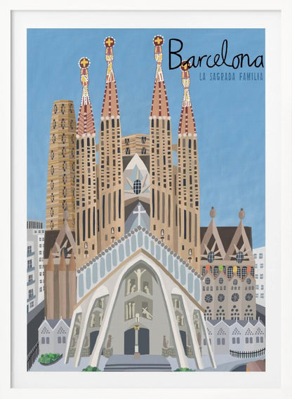 A stylized illustration of the Sagrada Familia in Barcelona, presented as a travel poster. The iconic church with its detailed spires stands against a solid blue sky, with the word 'Barcelona' written in a script font in the top right corner. Wall Art