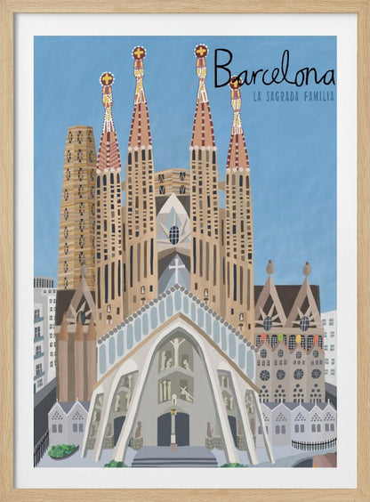 A stylized illustration of the Sagrada Familia in Barcelona, presented as a travel poster. The iconic church with its detailed spires stands against a solid blue sky, with the word 'Barcelona' written in a script font in the top right corner. Wall Art