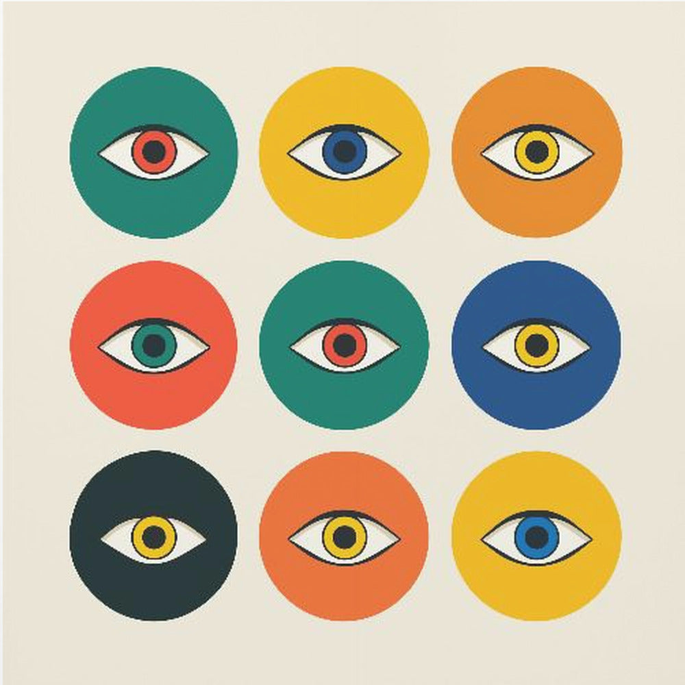 A framed modern art print featuring a 3x3 grid of nine colorful circles on an off-white background. Each circle, in shades of green, yellow, orange, red, and blue, contains a single stylized eye, creating a repeating pop art pattern. Wall Art