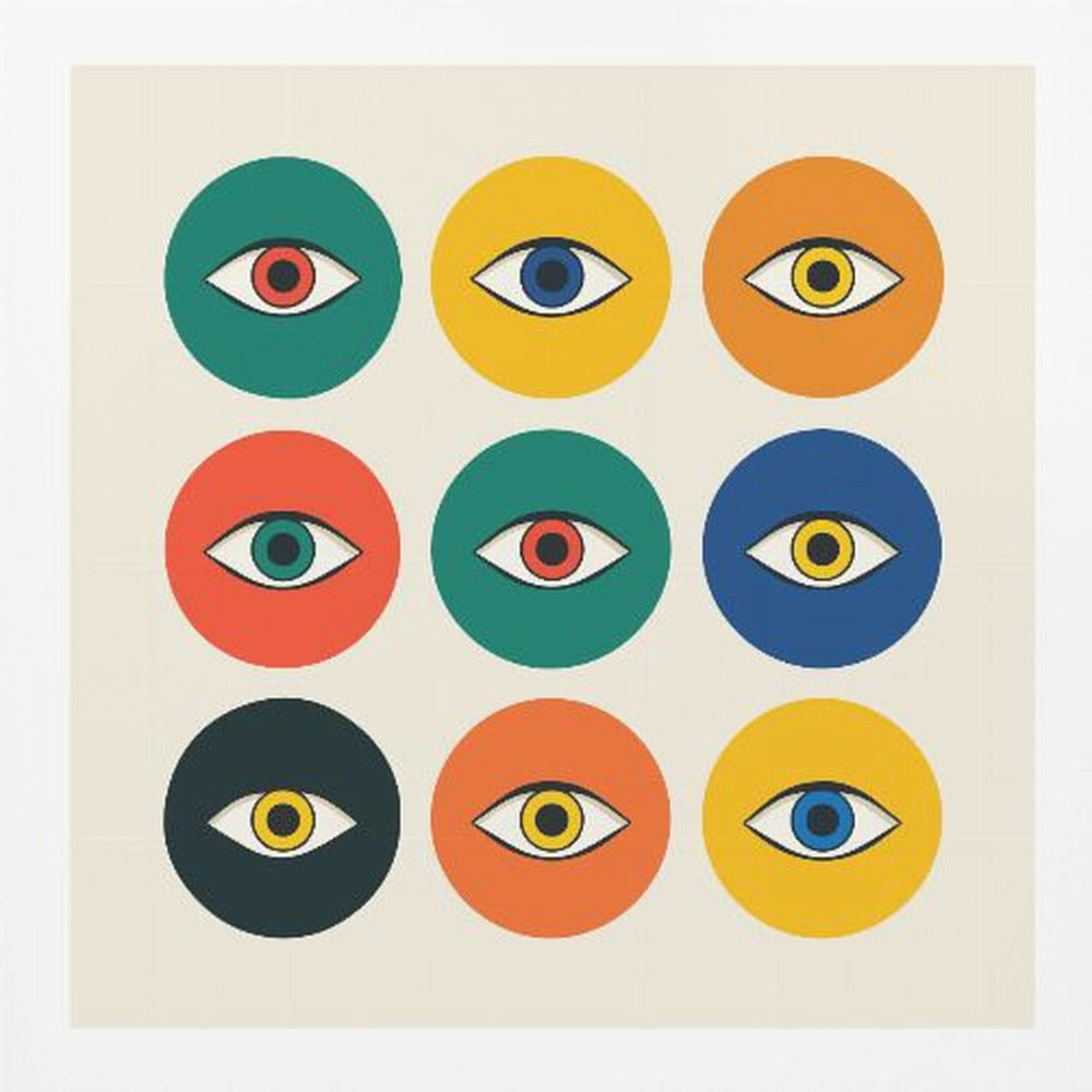 A framed modern art print featuring a 3x3 grid of nine colorful circles on an off-white background. Each circle, in shades of green, yellow, orange, red, and blue, contains a single stylized eye, creating a repeating pop art pattern. Wall Art