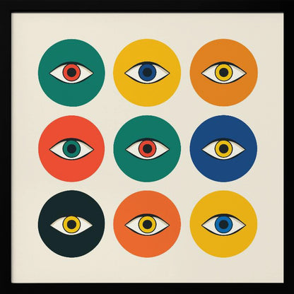 A framed modern art print featuring a 3x3 grid of nine colorful circles on an off-white background. Each circle, in shades of green, yellow, orange, red, and blue, contains a single stylized eye, creating a repeating pop art pattern. Wall Art