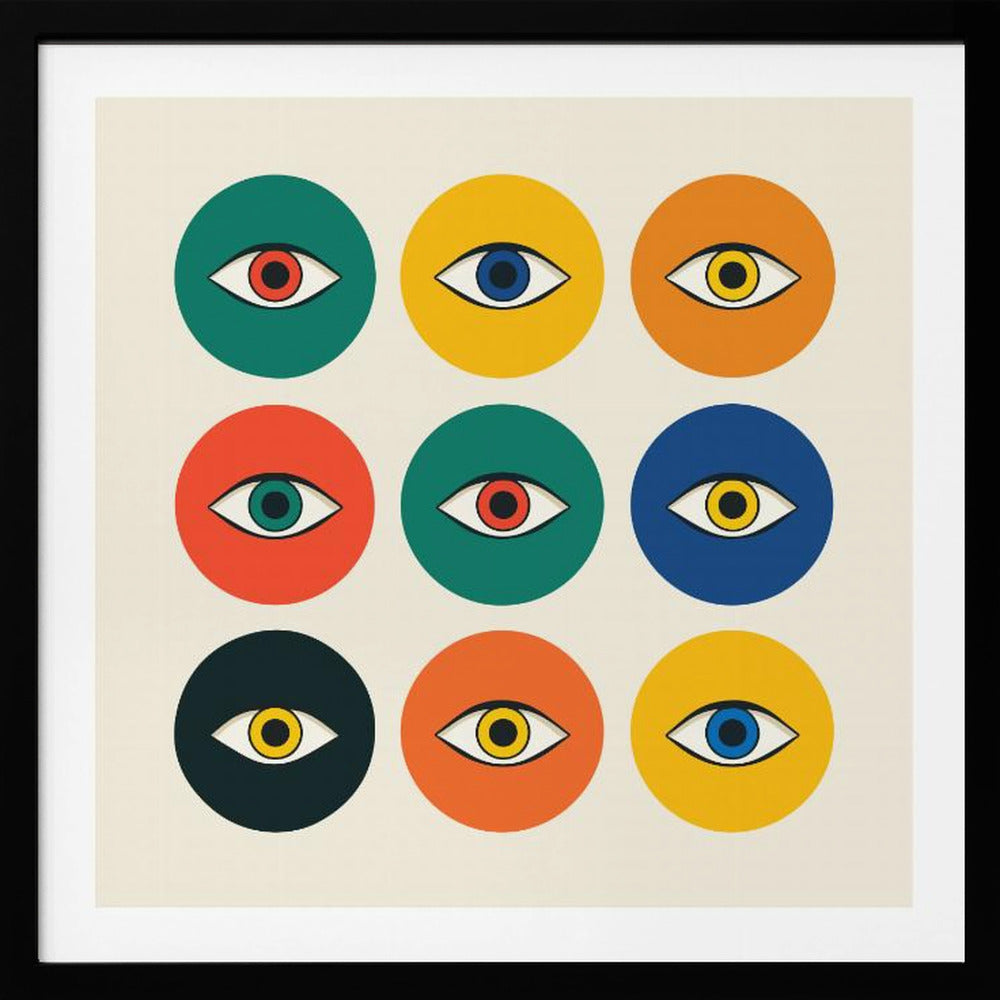 A framed modern art print featuring a 3x3 grid of nine colorful circles on an off-white background. Each circle, in shades of green, yellow, orange, red, and blue, contains a single stylized eye, creating a repeating pop art pattern. Wall Art