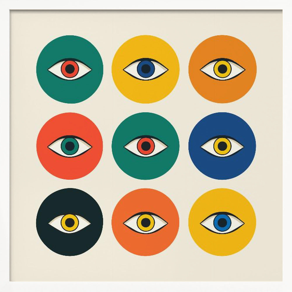 A framed modern art print featuring a 3x3 grid of nine colorful circles on an off-white background. Each circle, in shades of green, yellow, orange, red, and blue, contains a single stylized eye, creating a repeating pop art pattern. Wall Art