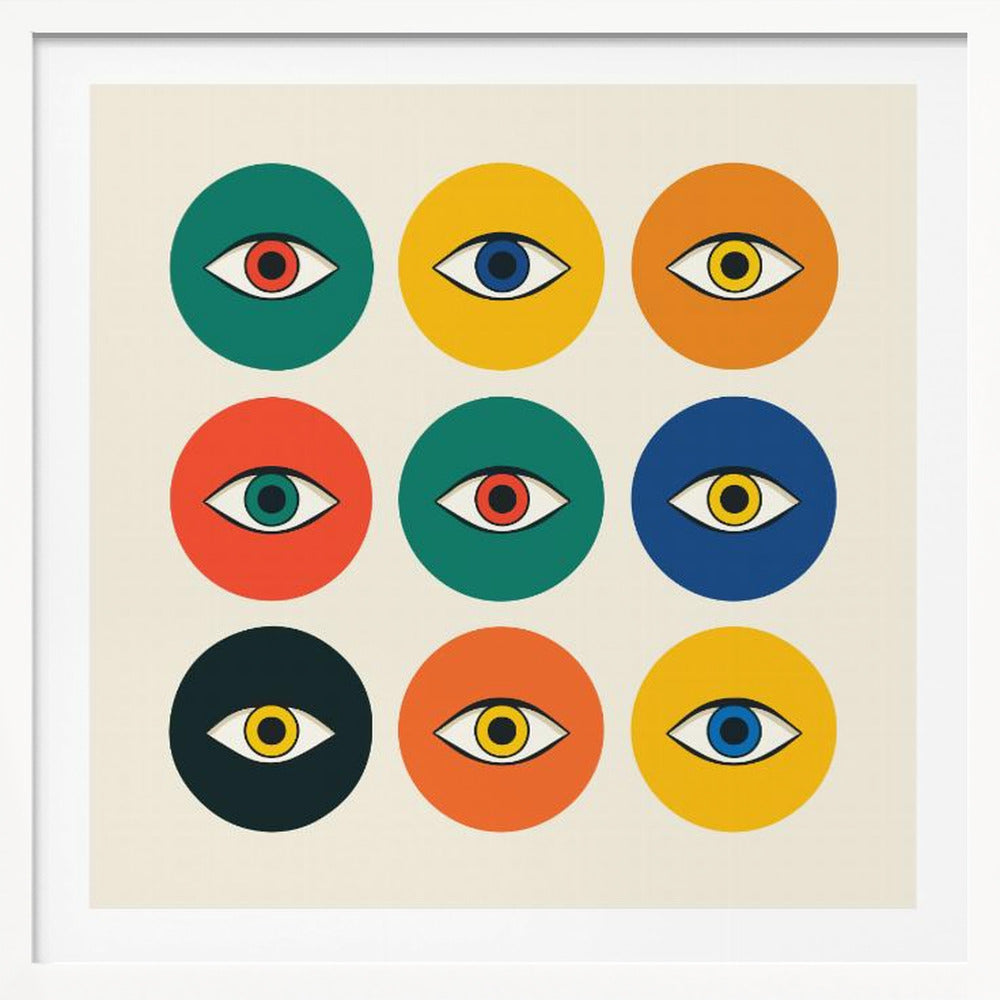 A framed modern art print featuring a 3x3 grid of nine colorful circles on an off-white background. Each circle, in shades of green, yellow, orange, red, and blue, contains a single stylized eye, creating a repeating pop art pattern. Wall Art