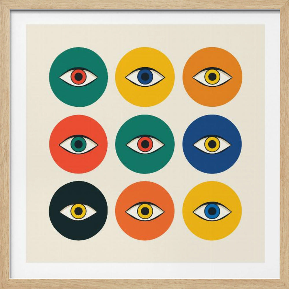 A framed modern art print featuring a 3x3 grid of nine colorful circles on an off-white background. Each circle, in shades of green, yellow, orange, red, and blue, contains a single stylized eye, creating a repeating pop art pattern. Wall Art