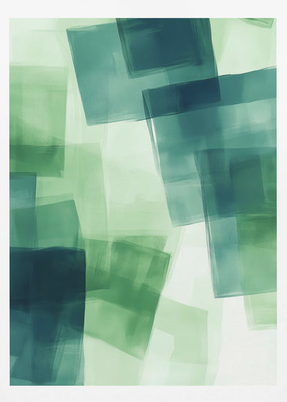 An abstract painting in a black frame, featuring overlapping, semi-transparent squares in shades of green and dark teal against a light green background, creating a layered, watercolor-like effect. Artwork