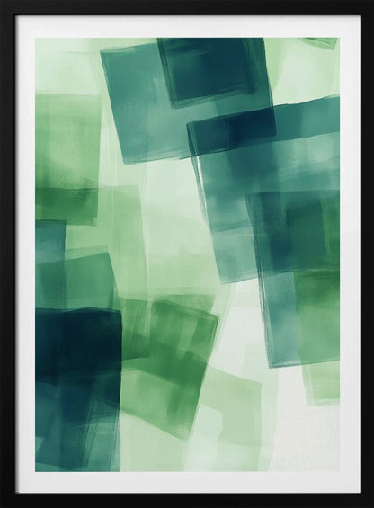 An abstract painting in a black frame, featuring overlapping, semi-transparent squares in shades of green and dark teal against a light green background, creating a layered, watercolor-like effect. Artwork