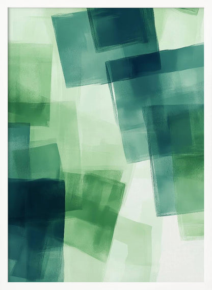 An abstract painting in a black frame, featuring overlapping, semi-transparent squares in shades of green and dark teal against a light green background, creating a layered, watercolor-like effect. Artwork