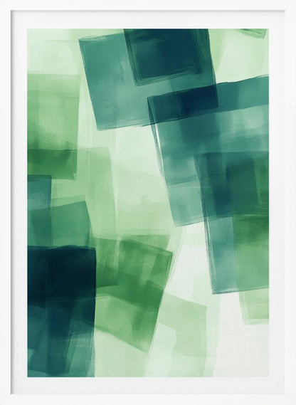 An abstract painting in a black frame, featuring overlapping, semi-transparent squares in shades of green and dark teal against a light green background, creating a layered, watercolor-like effect. Artwork