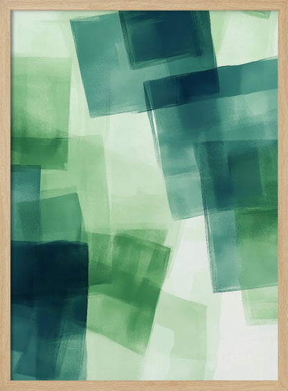 An abstract painting in a black frame, featuring overlapping, semi-transparent squares in shades of green and dark teal against a light green background, creating a layered, watercolor-like effect. Artwork