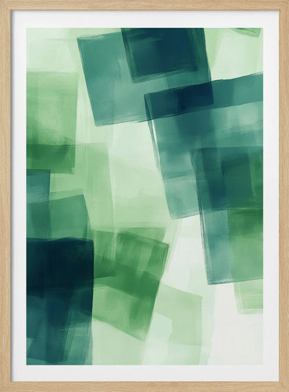 An abstract painting in a black frame, featuring overlapping, semi-transparent squares in shades of green and dark teal against a light green background, creating a layered, watercolor-like effect. Artwork