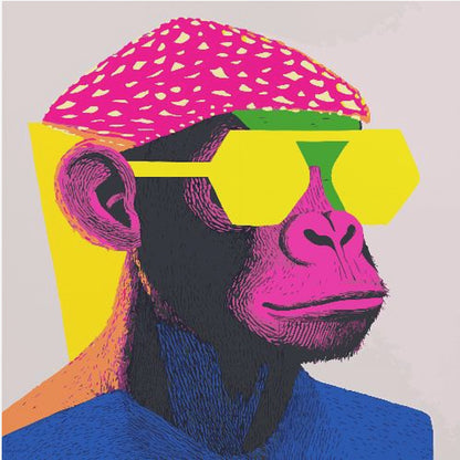 A pop art style portrait of a chimpanzee wearing a bright pink beret, large yellow hexagonal sunglasses, and a blue shirt. The artwork is characterized by bold, vibrant colors and a graphic, textured style, all set within a light wood frame. Poster