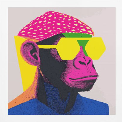 A pop art style portrait of a chimpanzee wearing a bright pink beret, large yellow hexagonal sunglasses, and a blue shirt. The artwork is characterized by bold, vibrant colors and a graphic, textured style, all set within a light wood frame. Poster
