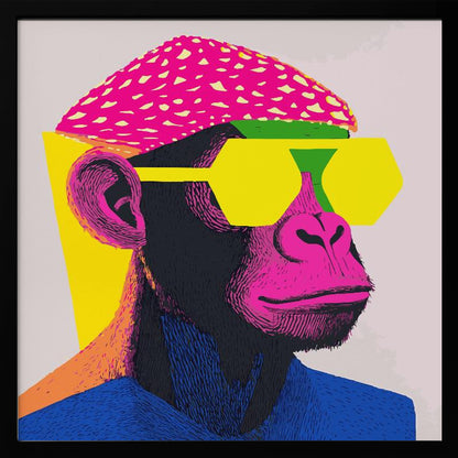 A pop art style portrait of a chimpanzee wearing a bright pink beret, large yellow hexagonal sunglasses, and a blue shirt. The artwork is characterized by bold, vibrant colors and a graphic, textured style, all set within a light wood frame. Poster
