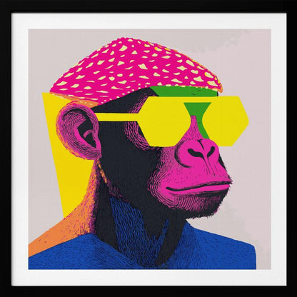 A pop art style portrait of a chimpanzee wearing a bright pink beret, large yellow hexagonal sunglasses, and a blue shirt. The artwork is characterized by bold, vibrant colors and a graphic, textured style, all set within a light wood frame. Poster