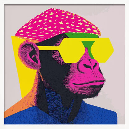 A pop art style portrait of a chimpanzee wearing a bright pink beret, large yellow hexagonal sunglasses, and a blue shirt. The artwork is characterized by bold, vibrant colors and a graphic, textured style, all set within a light wood frame. Poster