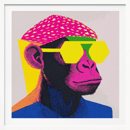 A pop art style portrait of a chimpanzee wearing a bright pink beret, large yellow hexagonal sunglasses, and a blue shirt. The artwork is characterized by bold, vibrant colors and a graphic, textured style, all set within a light wood frame. Poster