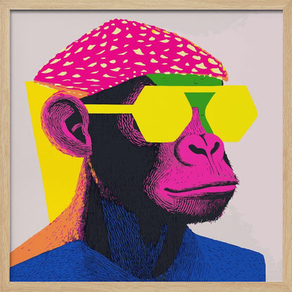 A pop art style portrait of a chimpanzee wearing a bright pink beret, large yellow hexagonal sunglasses, and a blue shirt. The artwork is characterized by bold, vibrant colors and a graphic, textured style, all set within a light wood frame. Poster