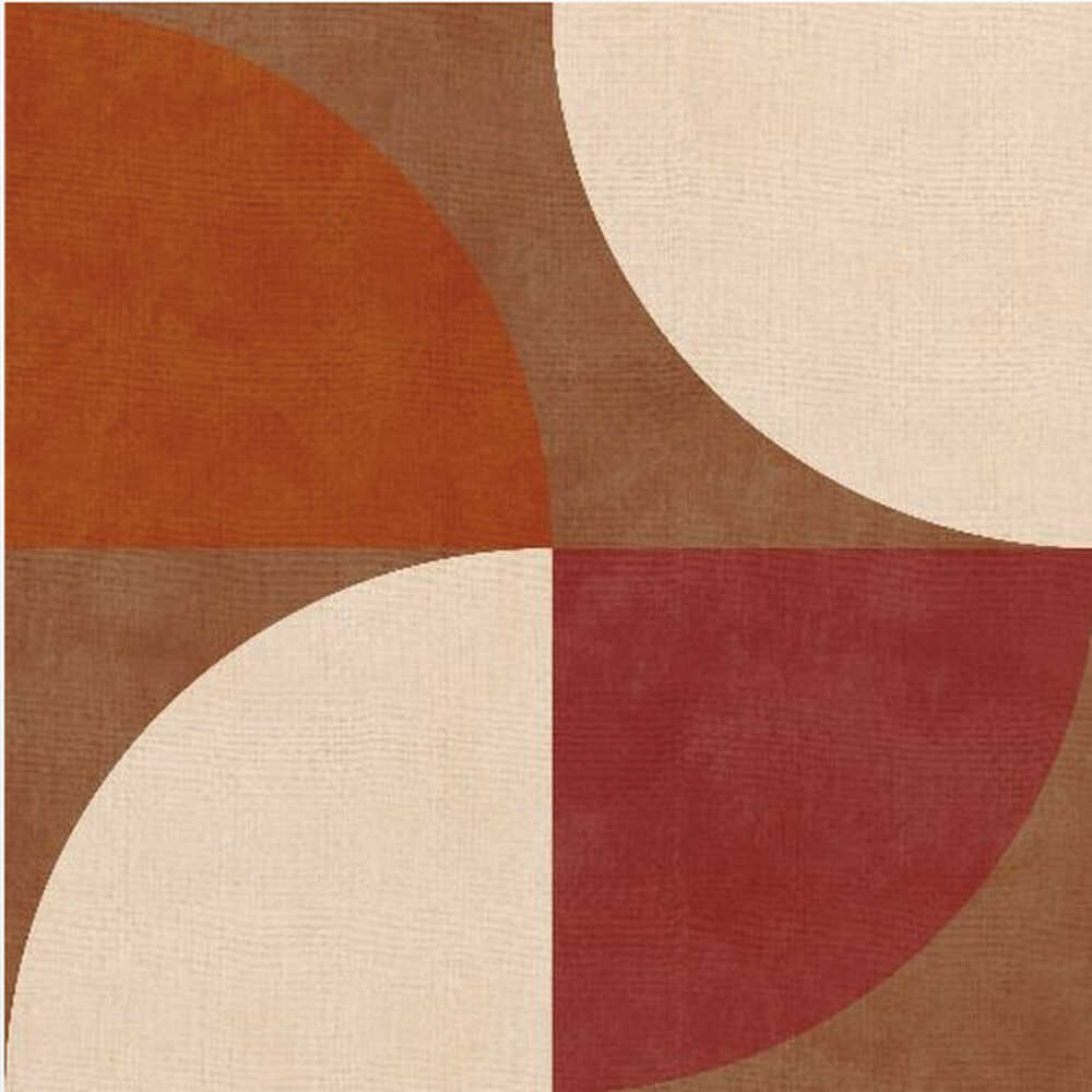 A framed abstract artwork featuring a four-quadrant design with curved geometric shapes. The colors are warm earth tones, including rust orange, deep red, brown, and cream, arranged to form interlocking semi-circles against a textured background. Decor