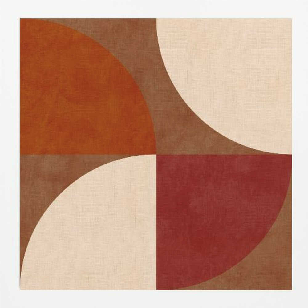A framed abstract artwork featuring a four-quadrant design with curved geometric shapes. The colors are warm earth tones, including rust orange, deep red, brown, and cream, arranged to form interlocking semi-circles against a textured background. Decor