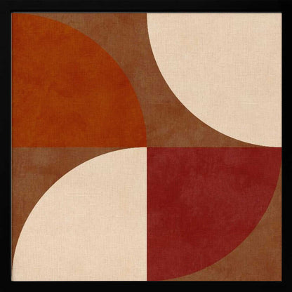 A framed abstract artwork featuring a four-quadrant design with curved geometric shapes. The colors are warm earth tones, including rust orange, deep red, brown, and cream, arranged to form interlocking semi-circles against a textured background. Decor