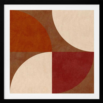 A framed abstract artwork featuring a four-quadrant design with curved geometric shapes. The colors are warm earth tones, including rust orange, deep red, brown, and cream, arranged to form interlocking semi-circles against a textured background. Decor