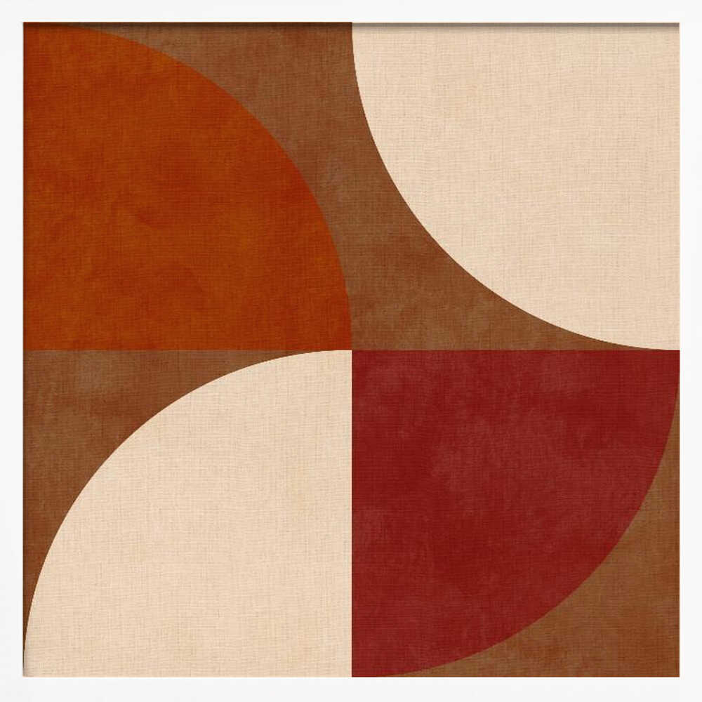 A framed abstract artwork featuring a four-quadrant design with curved geometric shapes. The colors are warm earth tones, including rust orange, deep red, brown, and cream, arranged to form interlocking semi-circles against a textured background. Decor