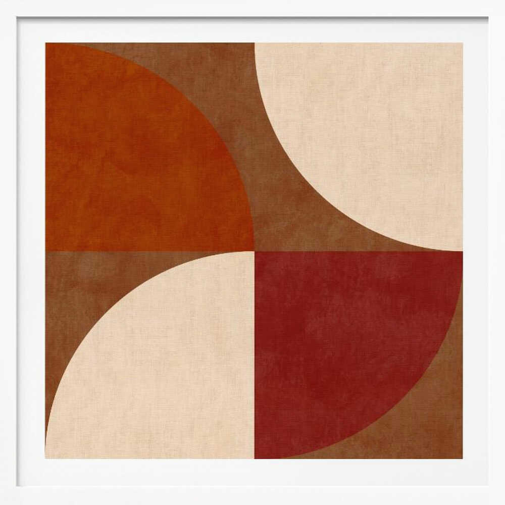 A framed abstract artwork featuring a four-quadrant design with curved geometric shapes. The colors are warm earth tones, including rust orange, deep red, brown, and cream, arranged to form interlocking semi-circles against a textured background. Decor