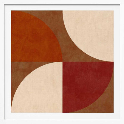 A framed abstract artwork featuring a four-quadrant design with curved geometric shapes. The colors are warm earth tones, including rust orange, deep red, brown, and cream, arranged to form interlocking semi-circles against a textured background. Decor