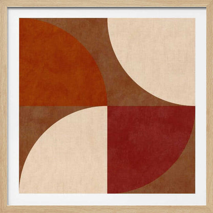 A framed abstract artwork featuring a four-quadrant design with curved geometric shapes. The colors are warm earth tones, including rust orange, deep red, brown, and cream, arranged to form interlocking semi-circles against a textured background. Decor