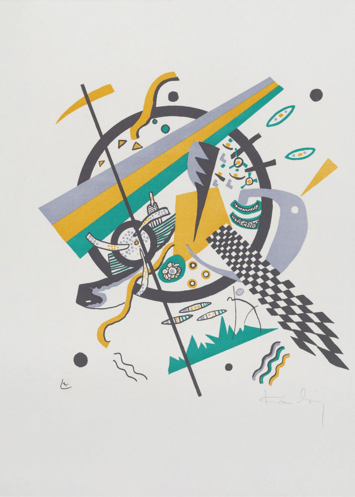 A framed abstract artwork by Wassily Kandinsky featuring a dynamic composition of geometric shapes. A central black circle is overlaid with diagonal stripes of yellow, green, and gray, surrounded by various elements like a checkerboard pattern, wavy lines, and small circles on a white background. Artwork