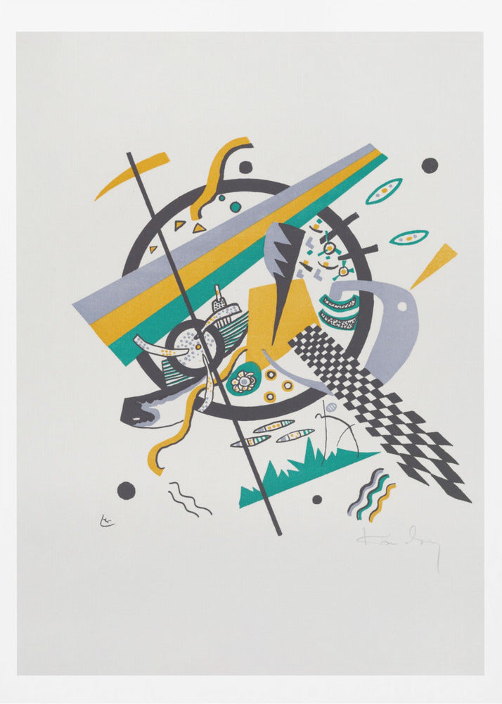 A framed abstract artwork by Wassily Kandinsky featuring a dynamic composition of geometric shapes. A central black circle is overlaid with diagonal stripes of yellow, green, and gray, surrounded by various elements like a checkerboard pattern, wavy lines, and small circles on a white background. Artwork