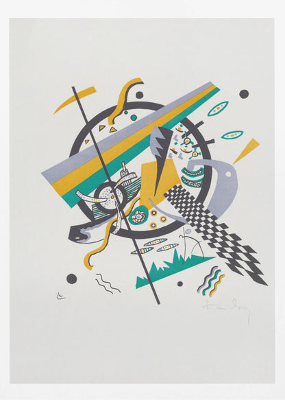 A framed abstract artwork by Wassily Kandinsky featuring a dynamic composition of geometric shapes. A central black circle is overlaid with diagonal stripes of yellow, green, and gray, surrounded by various elements like a checkerboard pattern, wavy lines, and small circles on a white background. Artwork