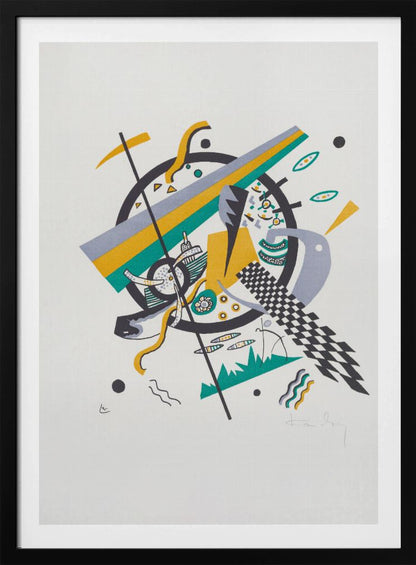 A framed abstract artwork by Wassily Kandinsky featuring a dynamic composition of geometric shapes. A central black circle is overlaid with diagonal stripes of yellow, green, and gray, surrounded by various elements like a checkerboard pattern, wavy lines, and small circles on a white background. Artwork