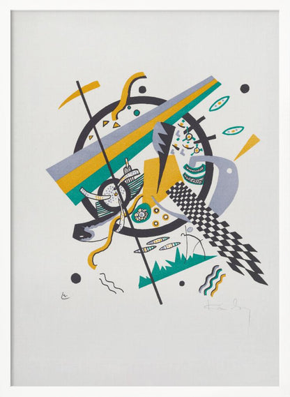 A framed abstract artwork by Wassily Kandinsky featuring a dynamic composition of geometric shapes. A central black circle is overlaid with diagonal stripes of yellow, green, and gray, surrounded by various elements like a checkerboard pattern, wavy lines, and small circles on a white background. Artwork