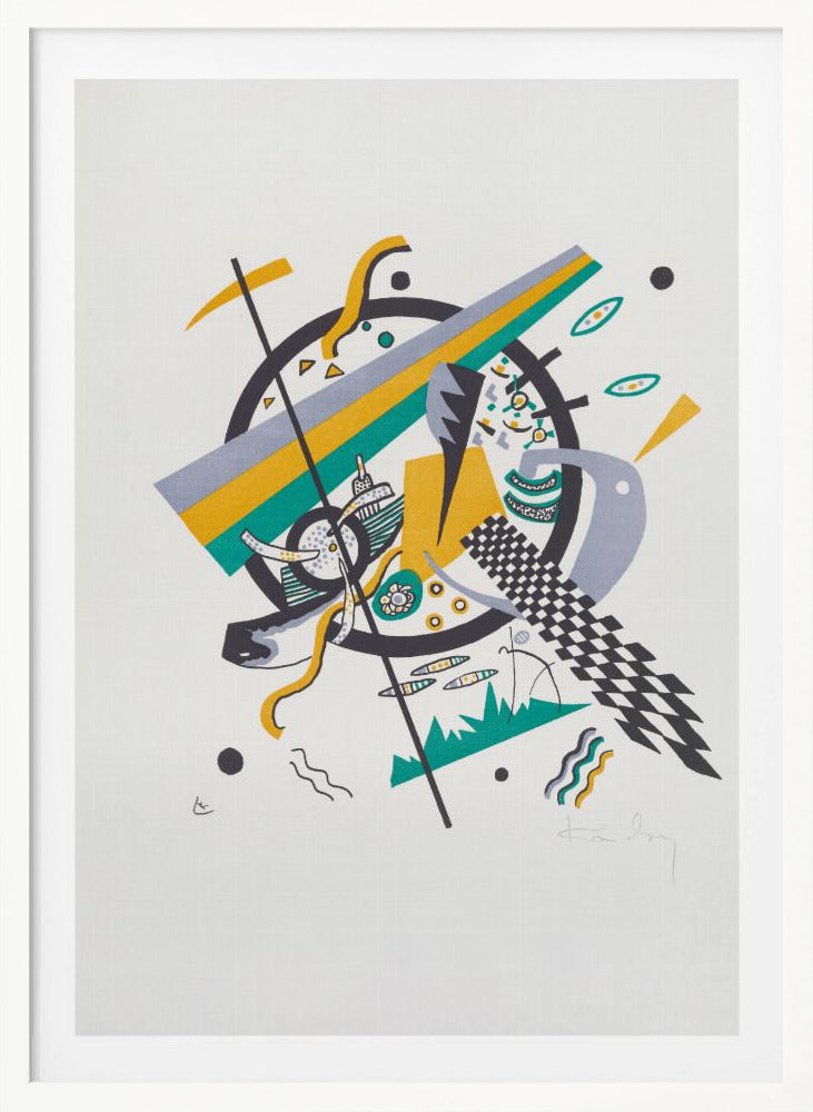 A framed abstract artwork by Wassily Kandinsky featuring a dynamic composition of geometric shapes. A central black circle is overlaid with diagonal stripes of yellow, green, and gray, surrounded by various elements like a checkerboard pattern, wavy lines, and small circles on a white background. Artwork