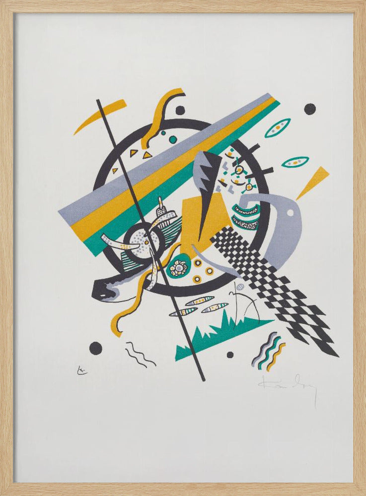 A framed abstract artwork by Wassily Kandinsky featuring a dynamic composition of geometric shapes. A central black circle is overlaid with diagonal stripes of yellow, green, and gray, surrounded by various elements like a checkerboard pattern, wavy lines, and small circles on a white background. Artwork