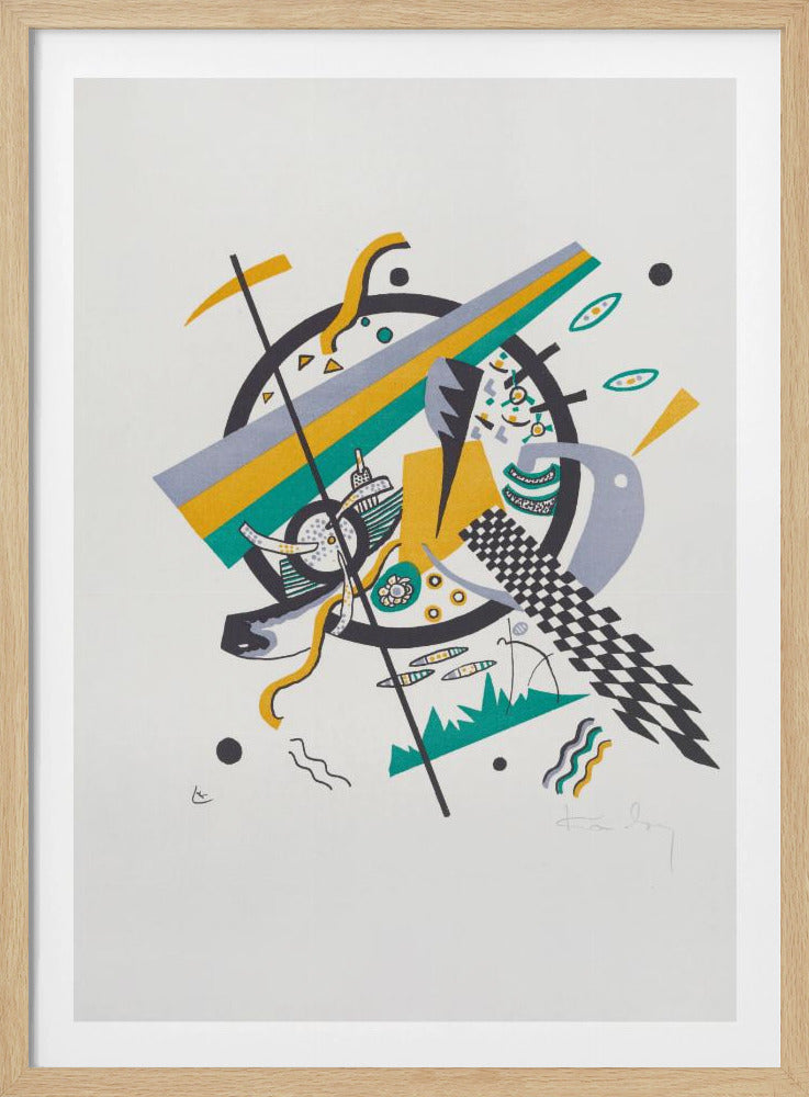 A framed abstract artwork by Wassily Kandinsky featuring a dynamic composition of geometric shapes. A central black circle is overlaid with diagonal stripes of yellow, green, and gray, surrounded by various elements like a checkerboard pattern, wavy lines, and small circles on a white background. Artwork