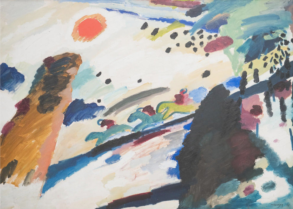 Abstract painting by Wassily Kandinsky in a silver frame. The dynamic composition features a red-orange sun, stylized figures of jockeys on racing horses, and energetic brushstrokes of blue, black, brown, and green on a white canvas. Artwork