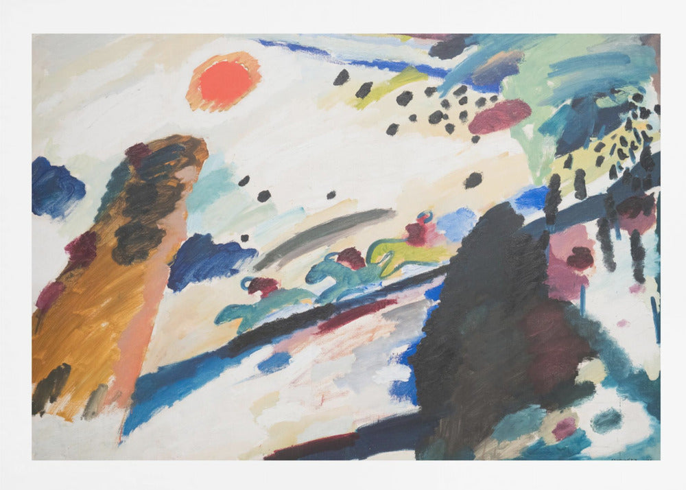 Abstract painting by Wassily Kandinsky in a silver frame. The dynamic composition features a red-orange sun, stylized figures of jockeys on racing horses, and energetic brushstrokes of blue, black, brown, and green on a white canvas. Artwork