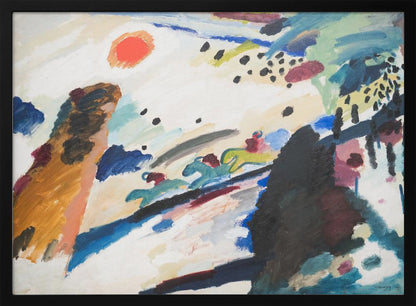 Abstract painting by Wassily Kandinsky in a silver frame. The dynamic composition features a red-orange sun, stylized figures of jockeys on racing horses, and energetic brushstrokes of blue, black, brown, and green on a white canvas. Artwork