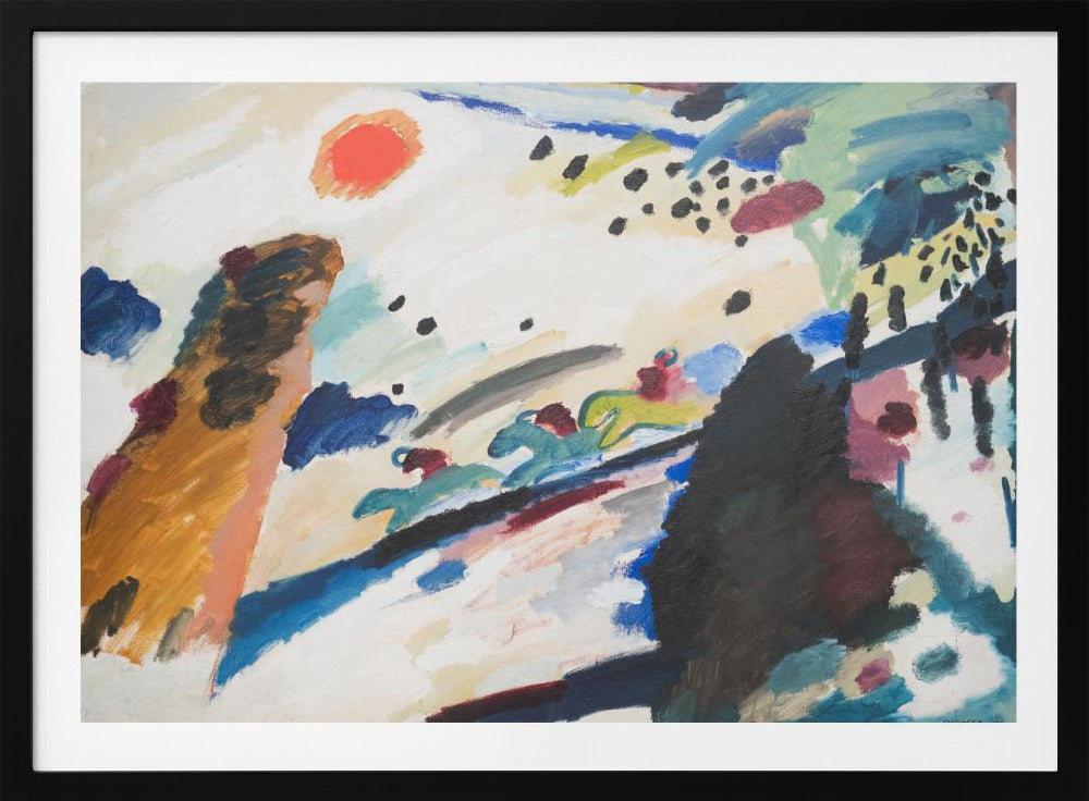 Abstract painting by Wassily Kandinsky in a silver frame. The dynamic composition features a red-orange sun, stylized figures of jockeys on racing horses, and energetic brushstrokes of blue, black, brown, and green on a white canvas. Artwork