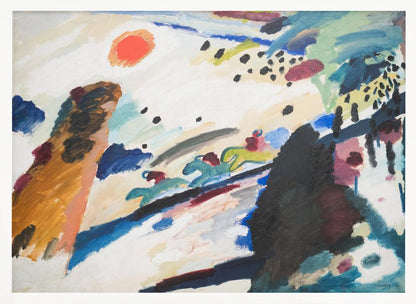 Abstract painting by Wassily Kandinsky in a silver frame. The dynamic composition features a red-orange sun, stylized figures of jockeys on racing horses, and energetic brushstrokes of blue, black, brown, and green on a white canvas. Artwork