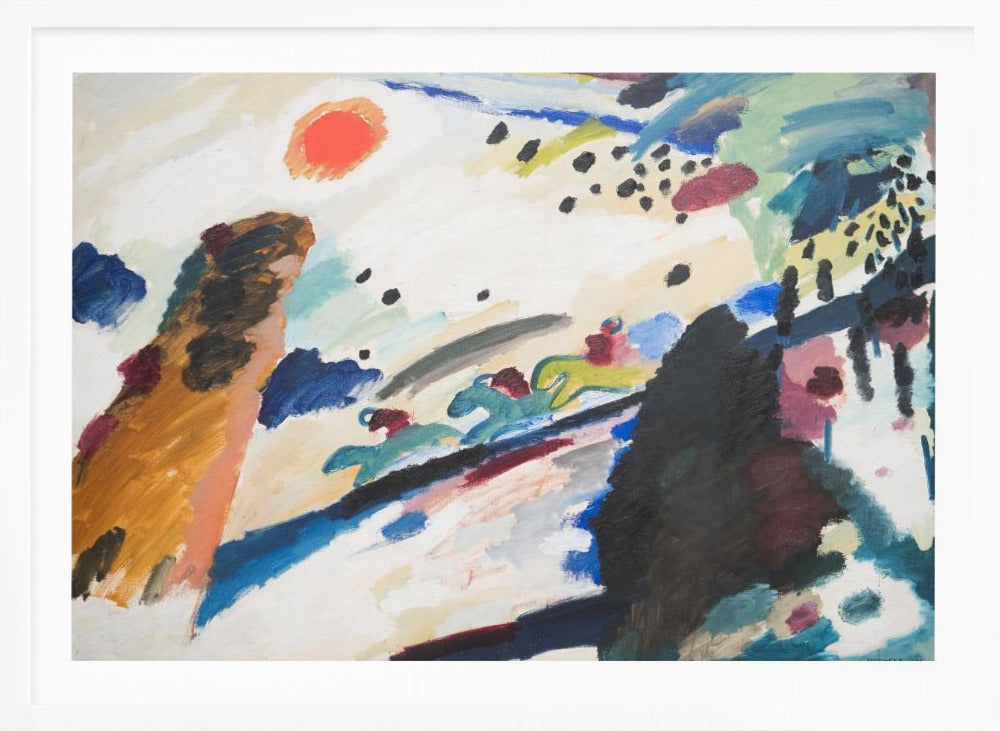 Abstract painting by Wassily Kandinsky in a silver frame. The dynamic composition features a red-orange sun, stylized figures of jockeys on racing horses, and energetic brushstrokes of blue, black, brown, and green on a white canvas. Artwork