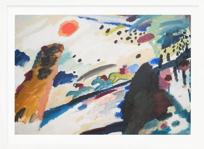 Abstract painting by Wassily Kandinsky in a silver frame. The dynamic composition features a red-orange sun, stylized figures of jockeys on racing horses, and energetic brushstrokes of blue, black, brown, and green on a white canvas. Artwork