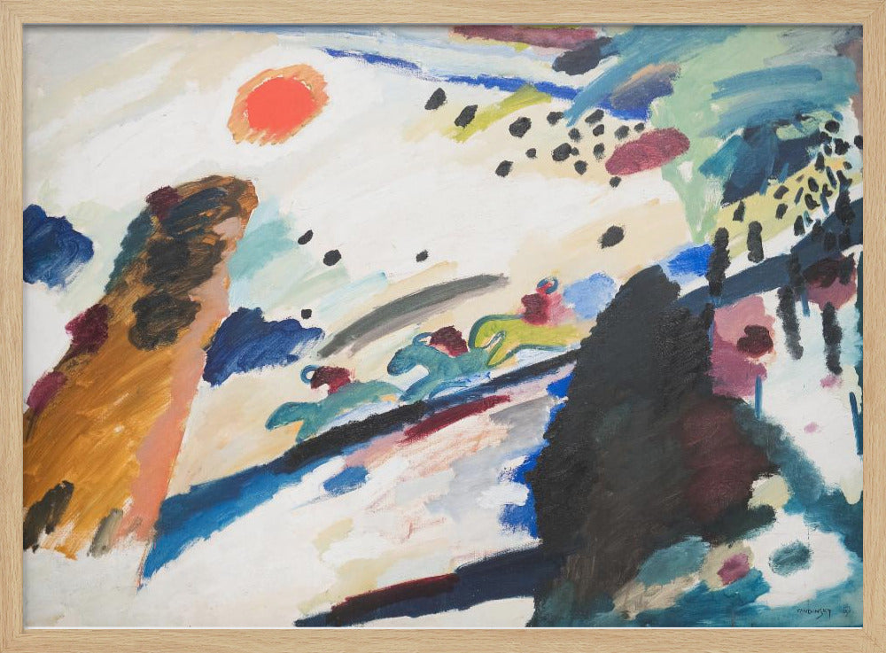 Abstract painting by Wassily Kandinsky in a silver frame. The dynamic composition features a red-orange sun, stylized figures of jockeys on racing horses, and energetic brushstrokes of blue, black, brown, and green on a white canvas. Artwork