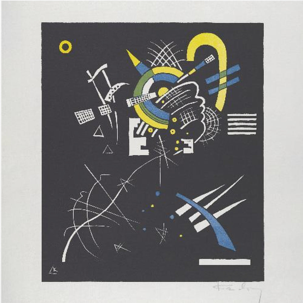 An abstract print by Wassily Kandinsky titled 'Small Worlds VI', featuring a dynamic composition of geometric and organic shapes in vibrant yellow, blue, and white against a stark black background. The artwork is presented within a light wood frame. Wall Art