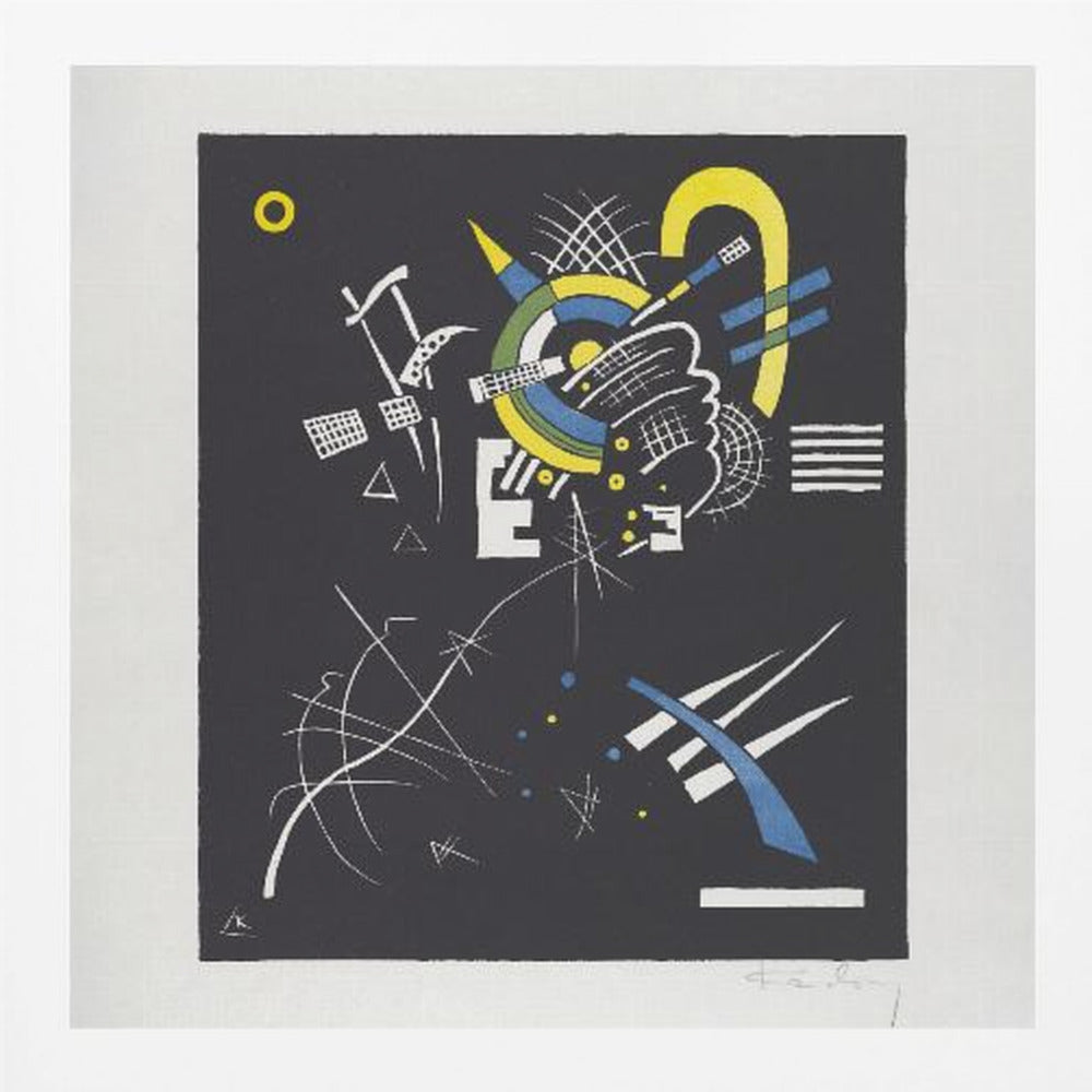 An abstract print by Wassily Kandinsky titled 'Small Worlds VI', featuring a dynamic composition of geometric and organic shapes in vibrant yellow, blue, and white against a stark black background. The artwork is presented within a light wood frame. Wall Art