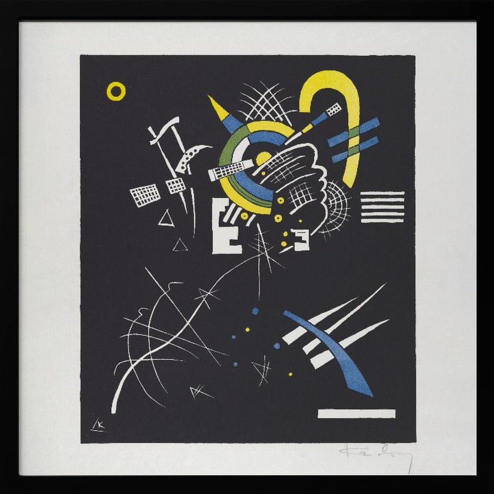 An abstract print by Wassily Kandinsky titled 'Small Worlds VI', featuring a dynamic composition of geometric and organic shapes in vibrant yellow, blue, and white against a stark black background. The artwork is presented within a light wood frame. Wall Art