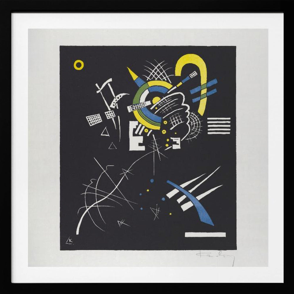 An abstract print by Wassily Kandinsky titled 'Small Worlds VI', featuring a dynamic composition of geometric and organic shapes in vibrant yellow, blue, and white against a stark black background. The artwork is presented within a light wood frame. Wall Art